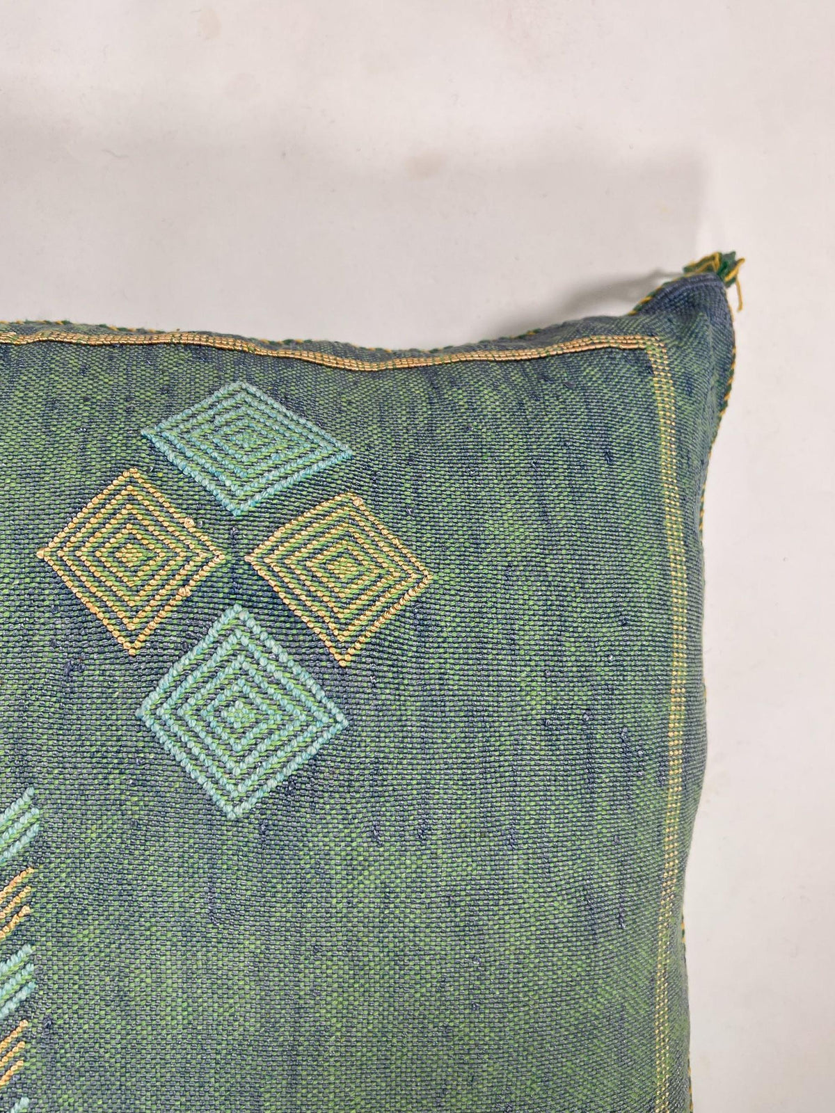 Green Blue Moroccan Silk Pillow Cover with Gold Geometric Embroidery, Boho Kilim Style Tassel Cushion Cov - product image 6