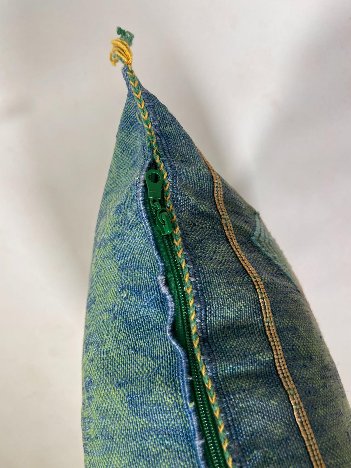Green Blue Moroccan Silk Pillow Cover with Gold Geometric Embroidery, Boho Kilim Style Tassel Cushion Cov - product image 8