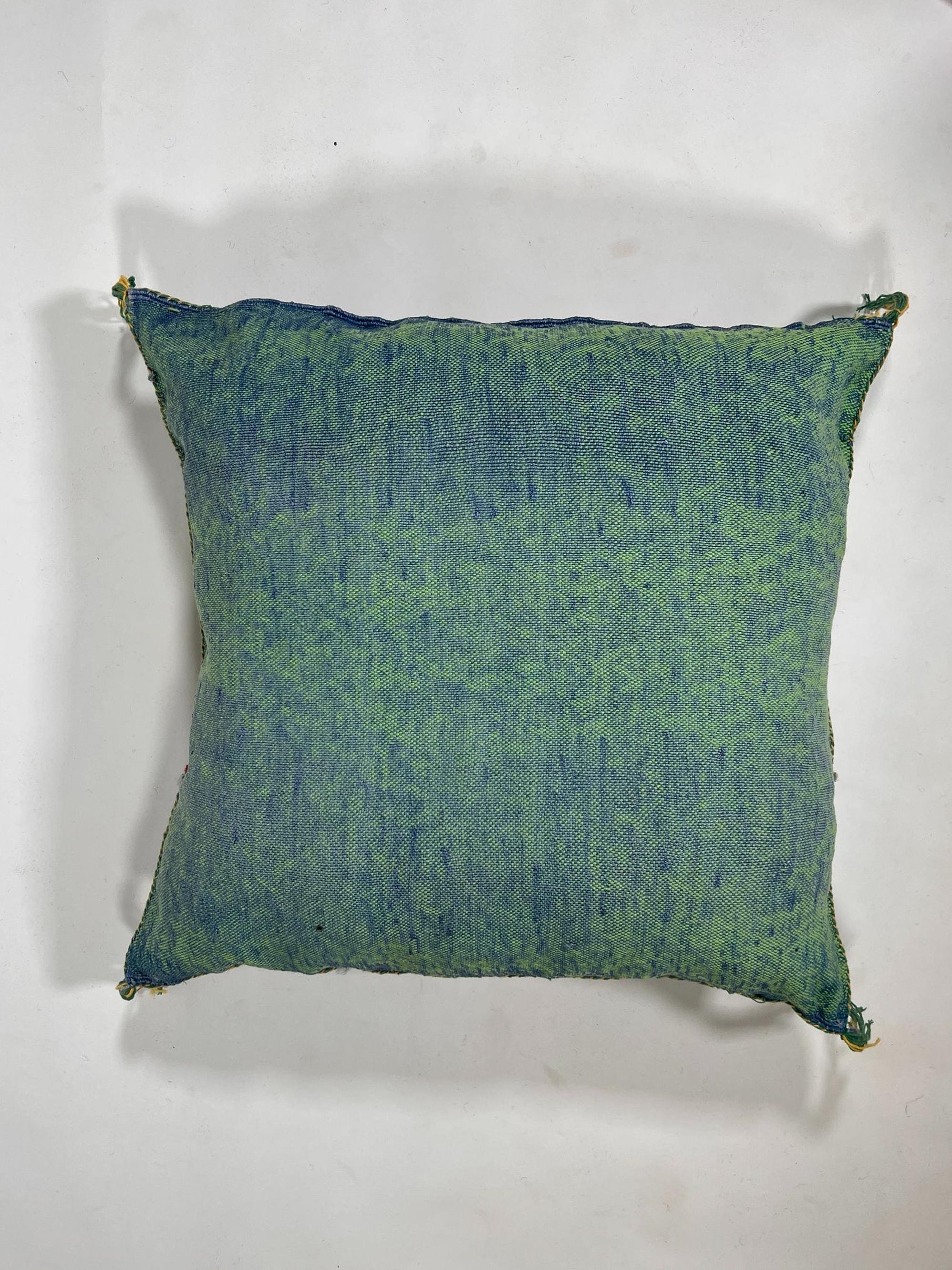 Green Blue Moroccan Silk Pillow Cover with Gold Geometric Embroidery, Boho Kilim Style Tassel Cushion Cov - product image 9