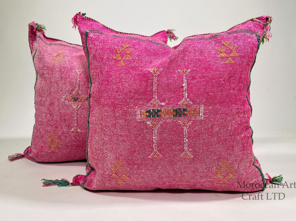 Pink Moroccan Cactus Silk Pillow Cover, Handmade Boujad Kilim Cushion, Boho Silk Throw Pillow Sham for So - product image 1