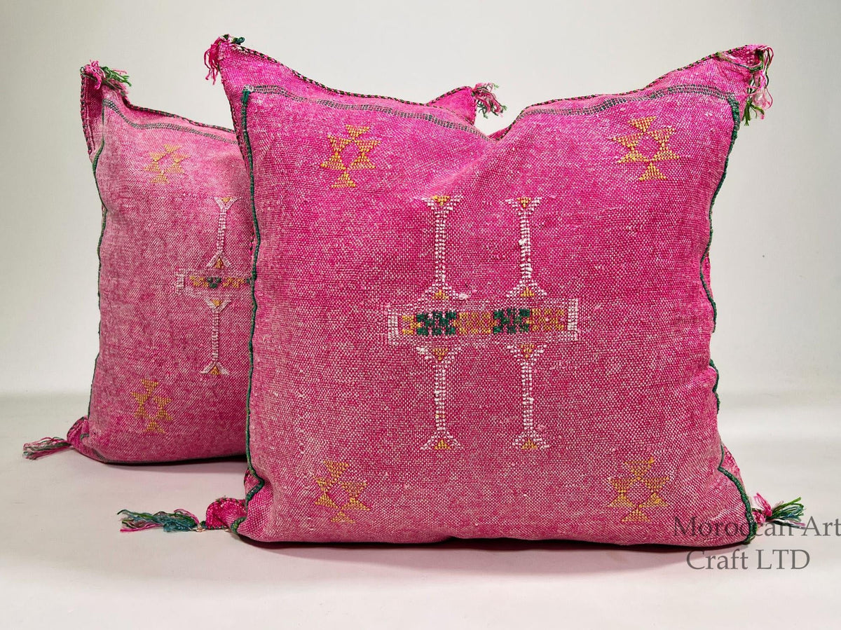 Pink Moroccan Cactus Silk Pillow Cover, Handmade Boujad Kilim Cushion, Boho Silk Throw Pillow Sham for So - product image 1