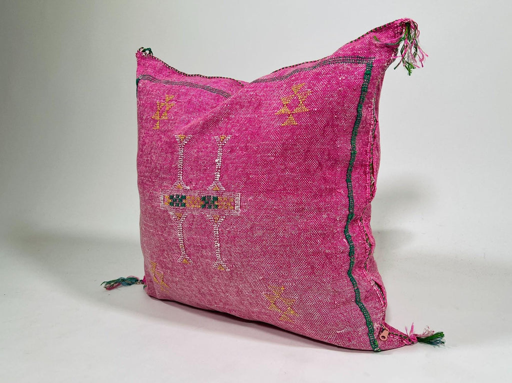 Pink Moroccan Cactus Silk Pillow Cover, Handmade Boujad Kilim Cushion, Boho Silk Throw Pillow Sham for So - product image 3