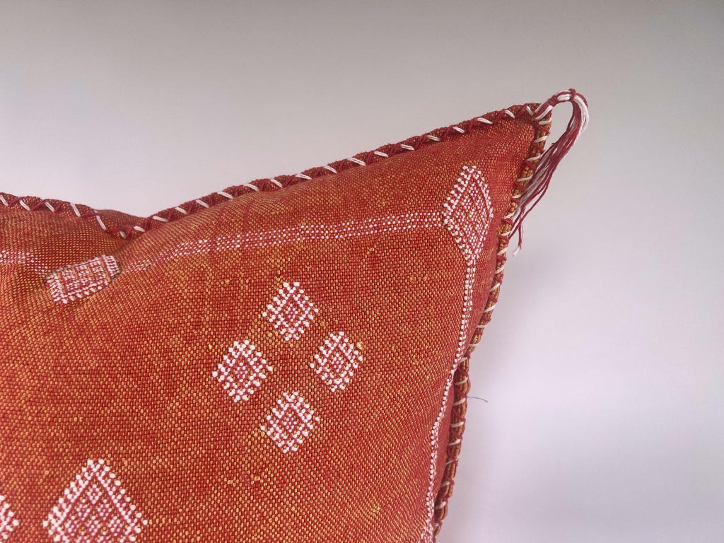 Rust Orange Moroccan Cactus Silk Pillow Cover, White Geometric Embroidered Boho Cushion, Handmade Kilim S - product image 6