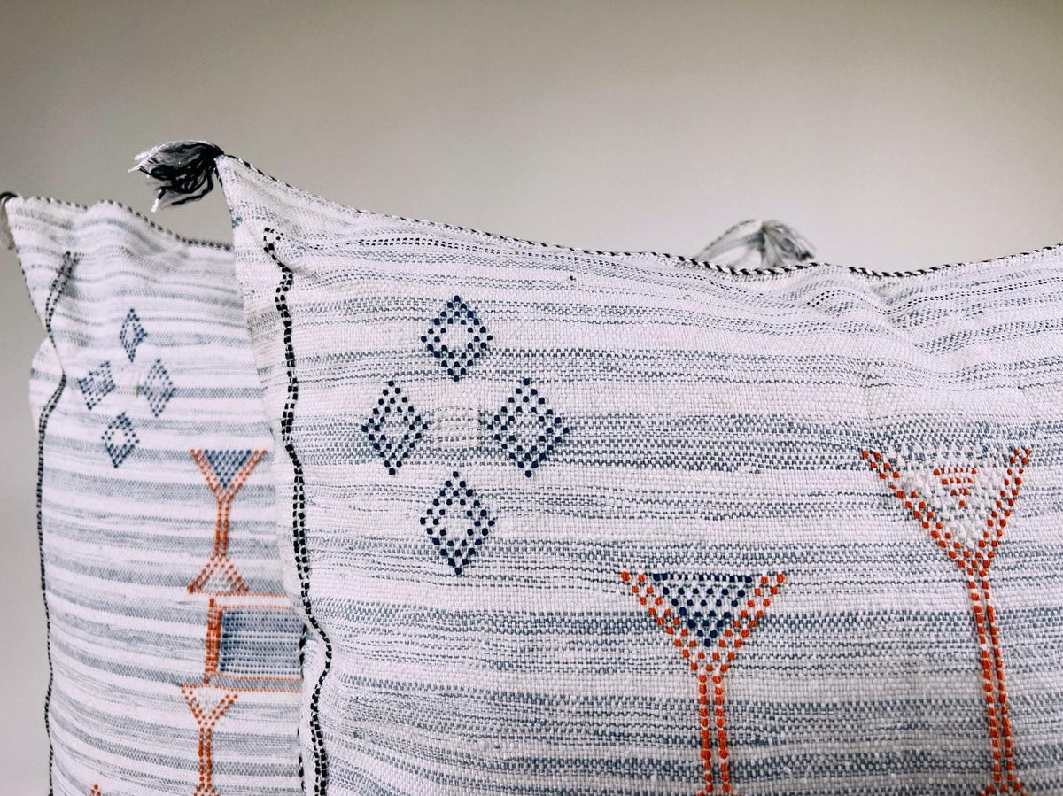 White Moroccan Silk Pillow Cover, Blue Orange Geometric Boho Cushion, Kilim Style Handmade Sofa Decor - product image 2