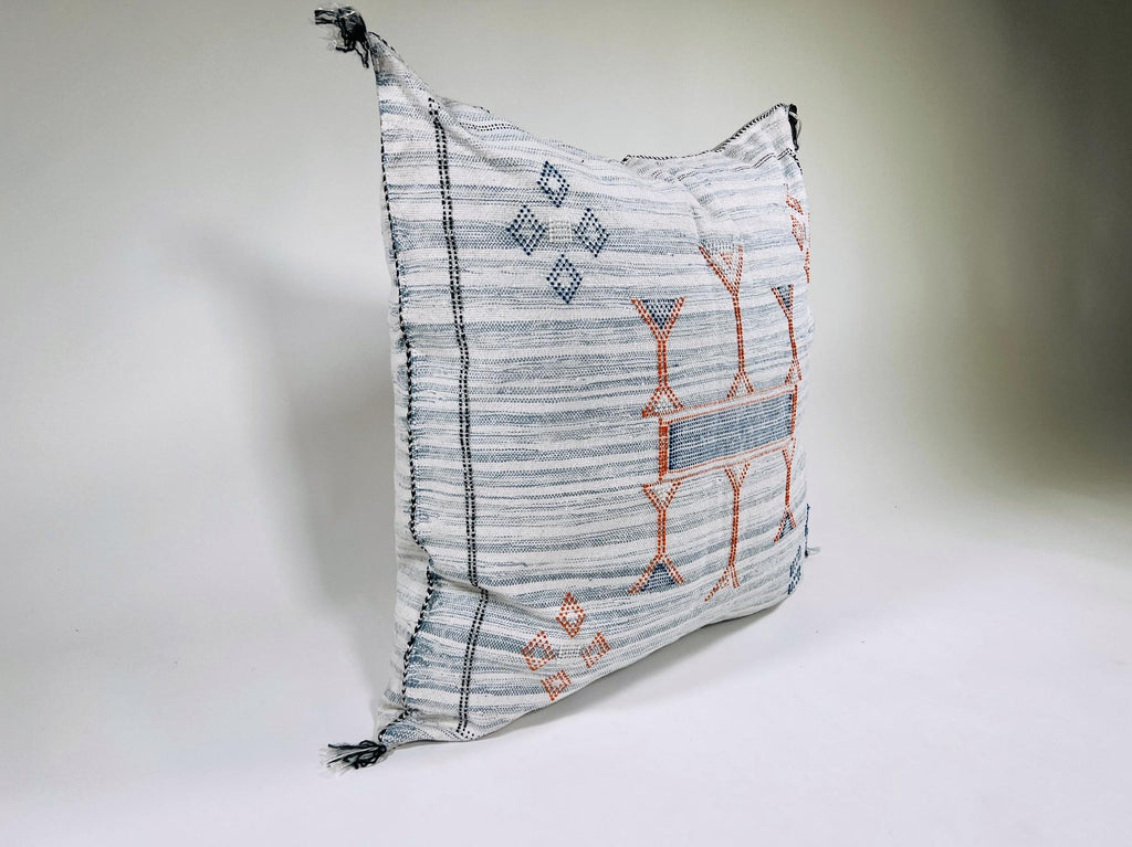White Moroccan Silk Pillow Cover, Blue Orange Geometric Boho Cushion, Kilim Style Handmade Sofa Decor - product image 6