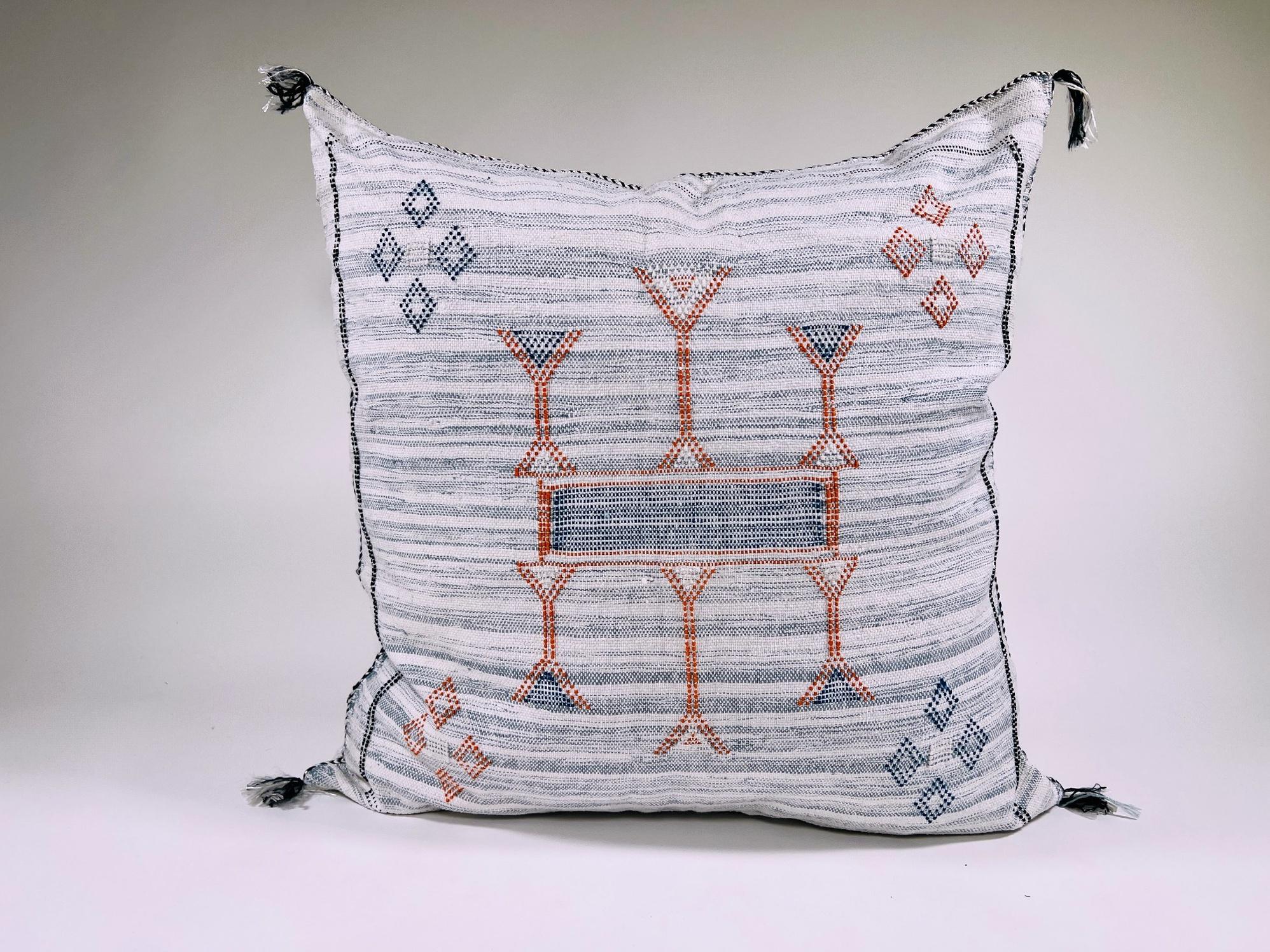 White Moroccan Silk Pillow Cover, Blue Orange Geometric Boho Cushion, Kilim Style Handmade Sofa Decor - product image 5