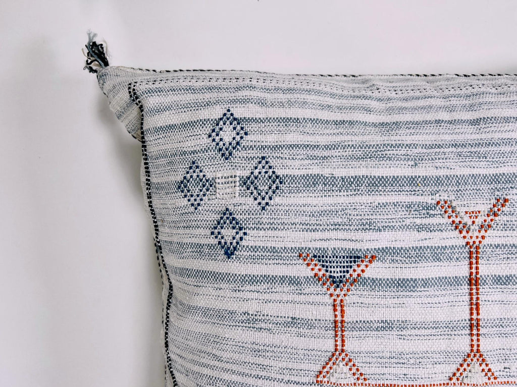White Moroccan Silk Pillow Cover, Blue Orange Geometric Boho Cushion, Kilim Style Handmade Sofa Decor - product image 9