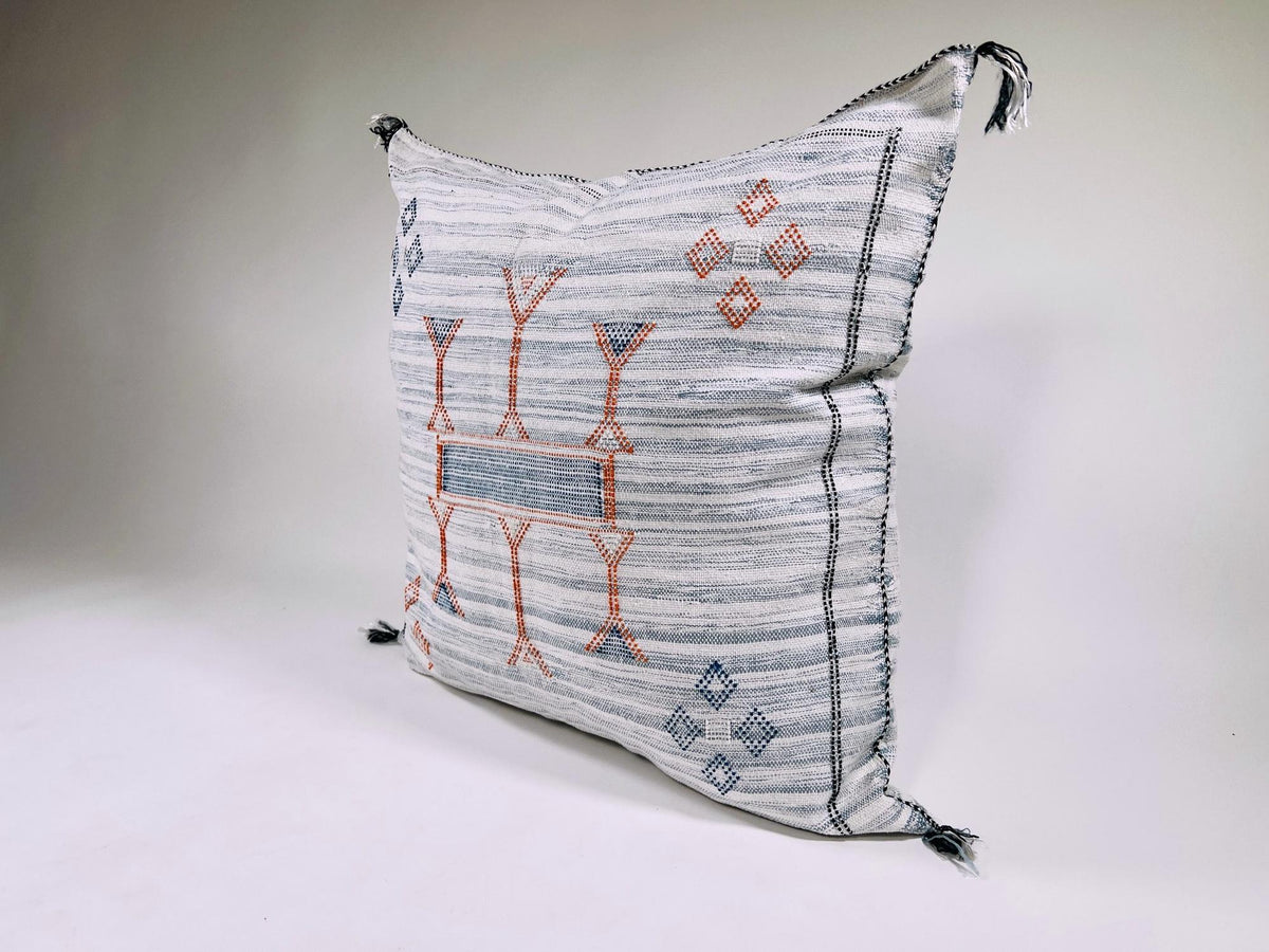 White Moroccan Silk Pillow Cover, Blue Orange Geometric Boho Cushion, Kilim Style Handmade Sofa Decor - product image 7