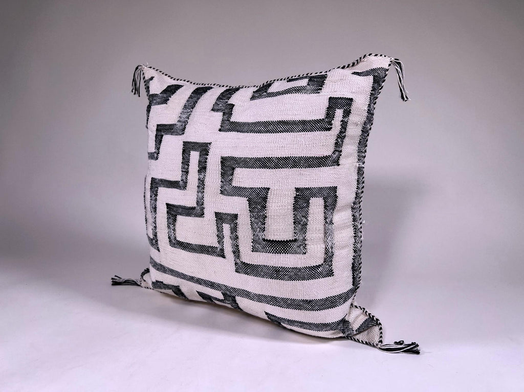 Black and White Kilim Pillow Cover, Moroccan Silk Boho Cushion, Geometric Handmade Pillow Sham with Corne - product image 6