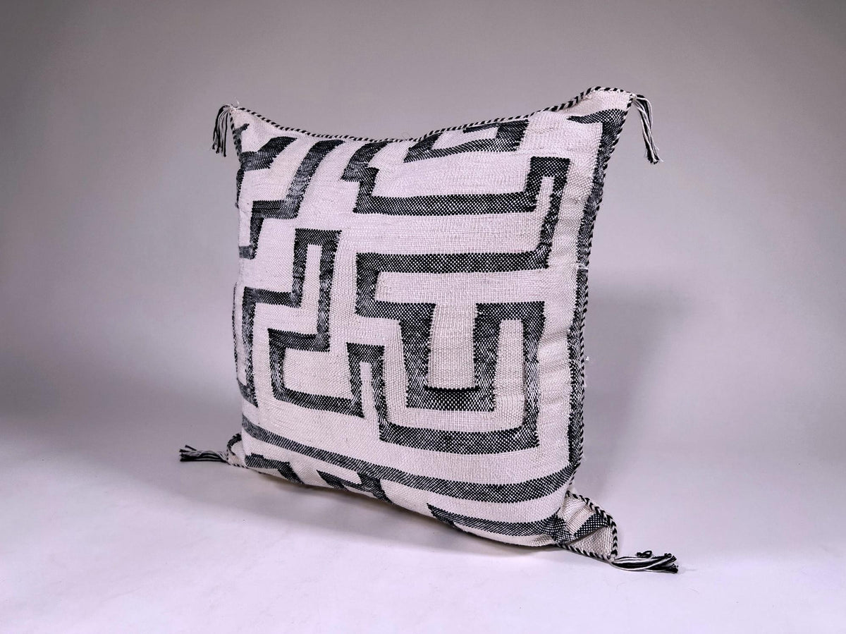 Black and White Kilim Pillow Cover, Moroccan Silk Boho Cushion, Geometric Handmade Pillow Sham with Corne - product image 6