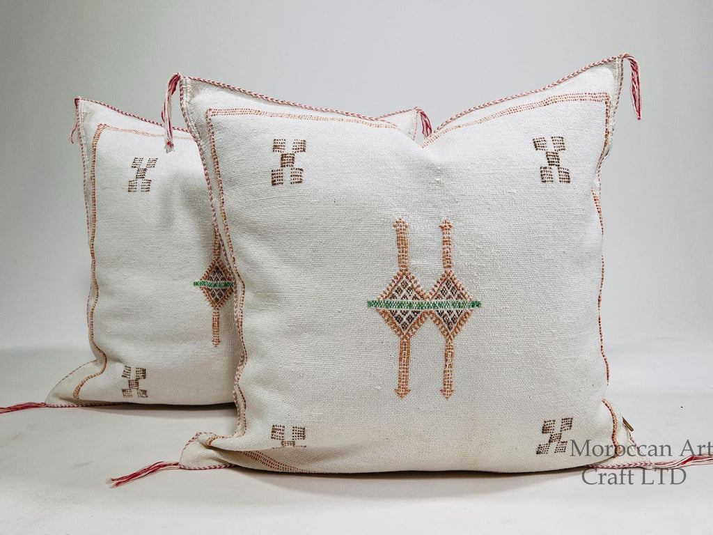 White Moroccan Silk Pillow Cover, Berber Kilim Embroidery Boho Fringe Pillow Sham, Handmade Cushion Cover - product image 1