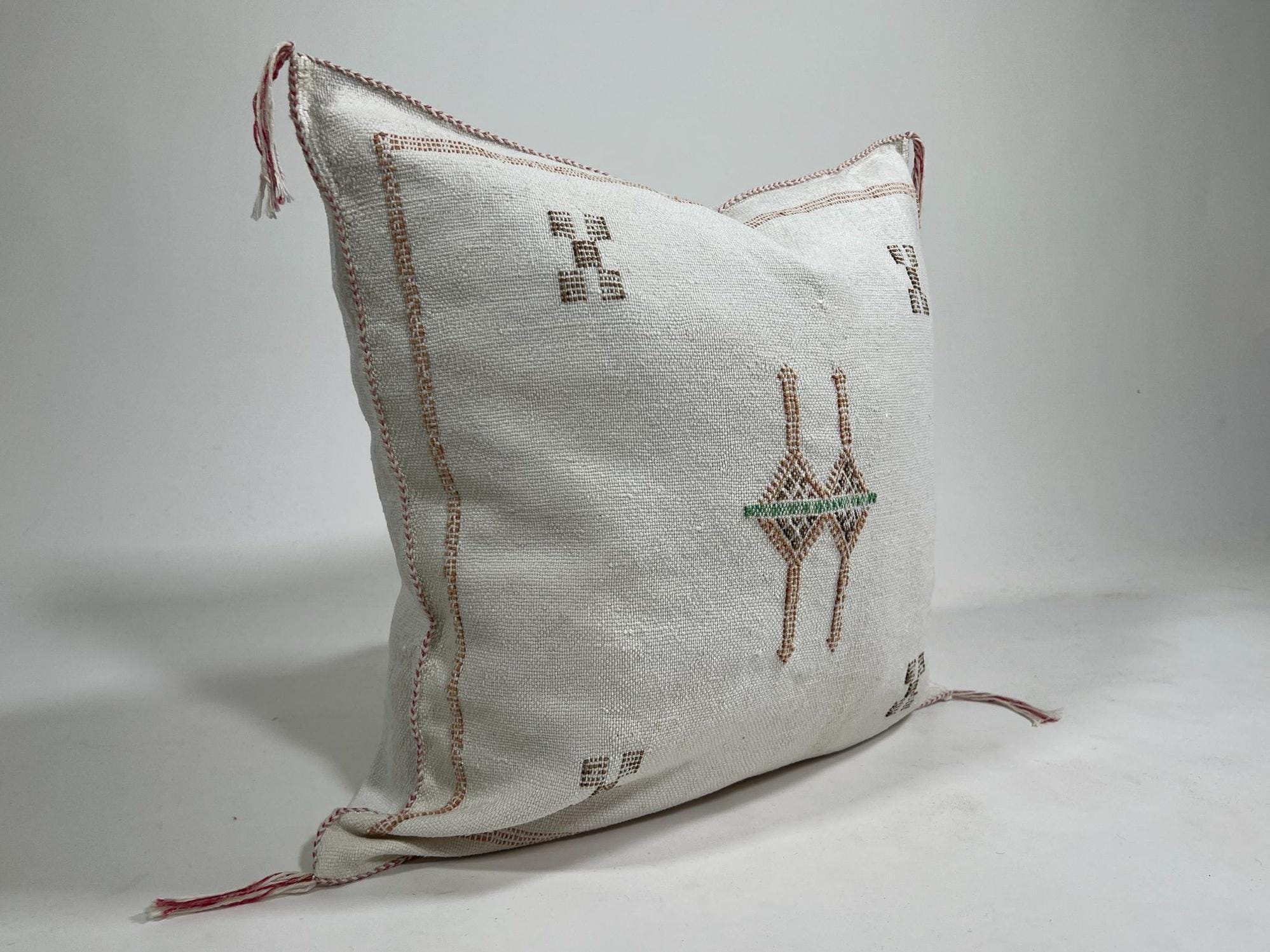 White Moroccan Silk Pillow Cover, Berber Kilim Embroidery Boho Fringe Pillow Sham, Handmade Cushion Cover - product image 3