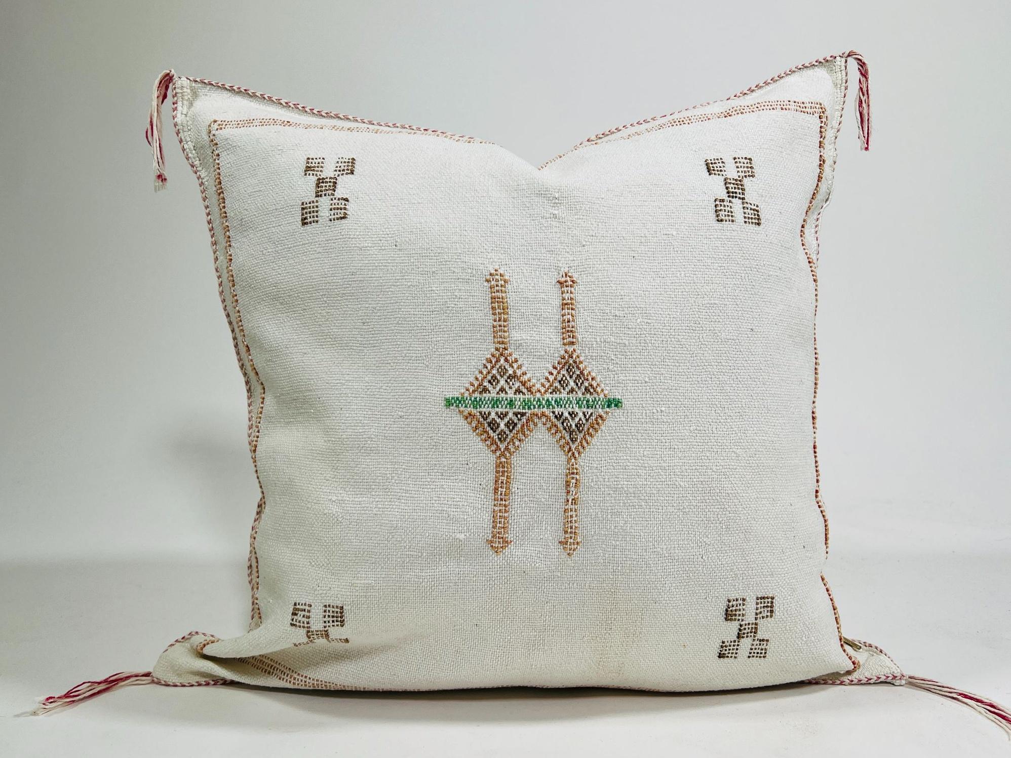 White Moroccan Silk Pillow Cover, Berber Kilim Embroidery Boho Fringe Pillow Sham, Handmade Cushion Cover - product image 2