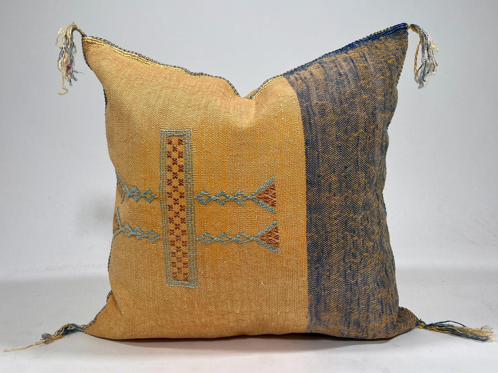 Mustard Yellow Moroccan Silk Pillow Cover, Blue Geometric Embroidery Boho Kilim Cushion, Handmade Sofa Be - product image 2