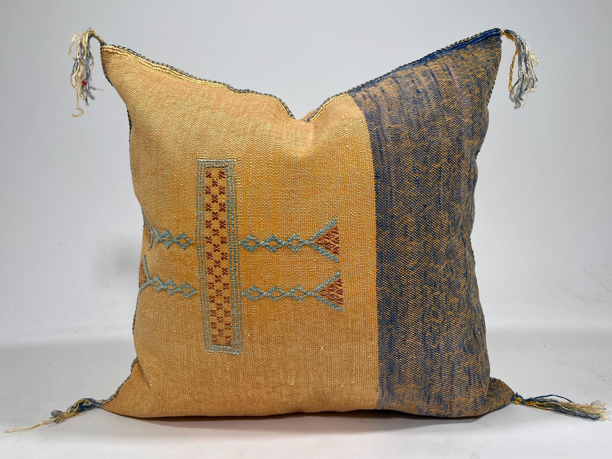 Mustard Yellow Moroccan Silk Pillow Cover, Blue Geometric Embroidery Boho Kilim Cushion, Handmade Sofa Be - product image 2