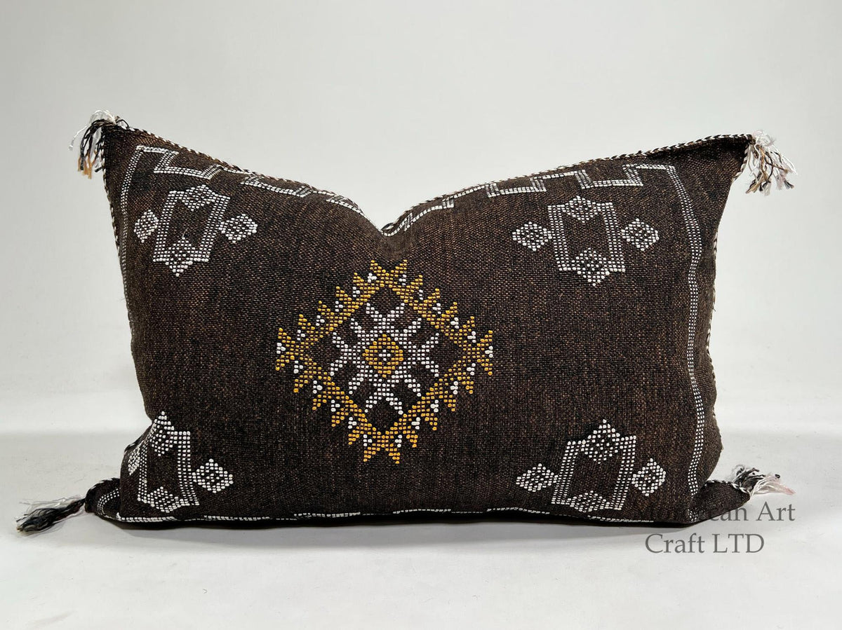 Dark Brown Cactus Silk Pillow Cover, Moroccan Boho Lumbar Cushion, Handmade Kilim Sofa Pillow, Gift for H - product image 1