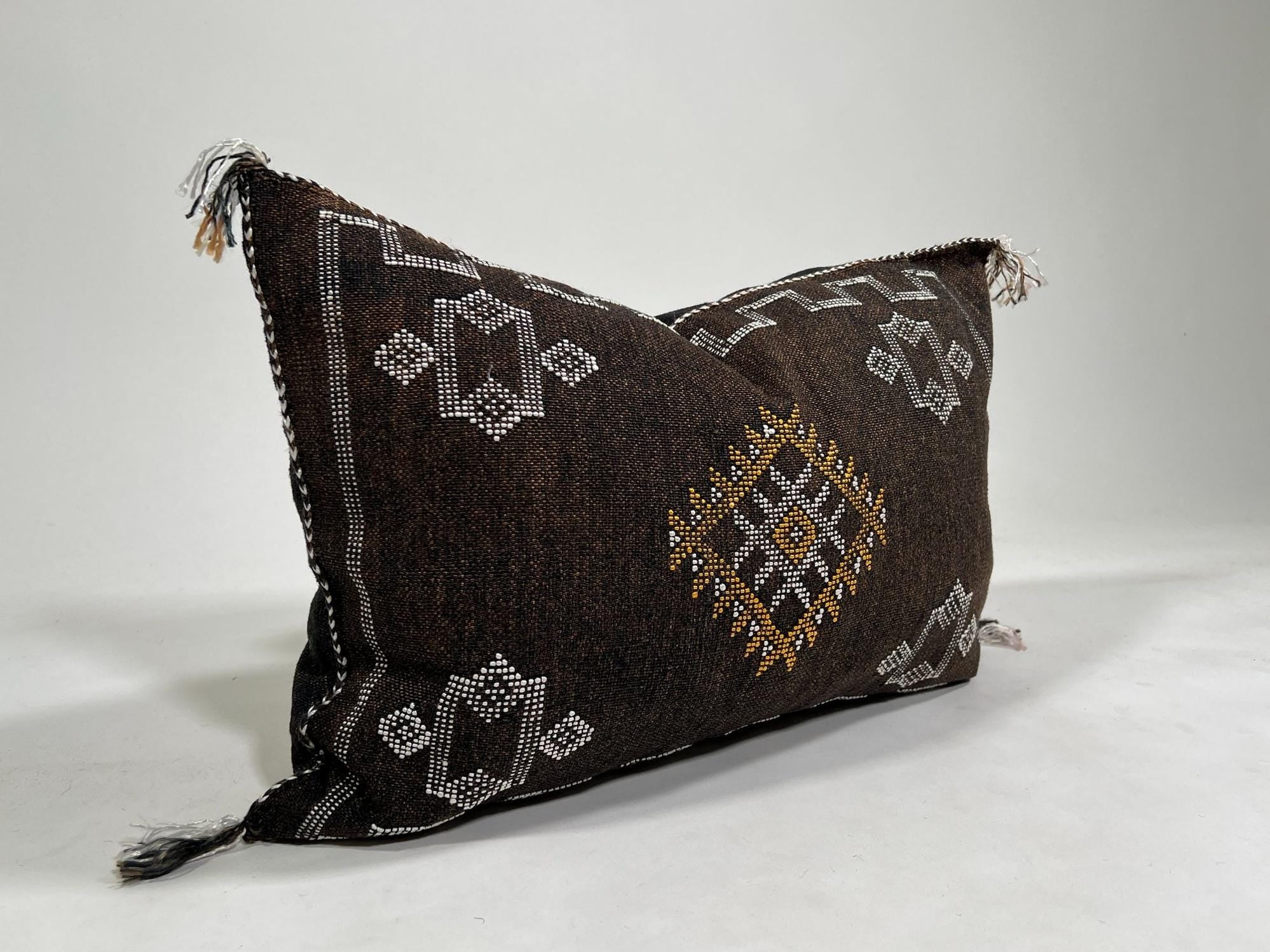 Dark Brown Cactus Silk Pillow Cover, Moroccan Boho Lumbar Cushion, Handmade Kilim Sofa Pillow, Gift for H - product image 2