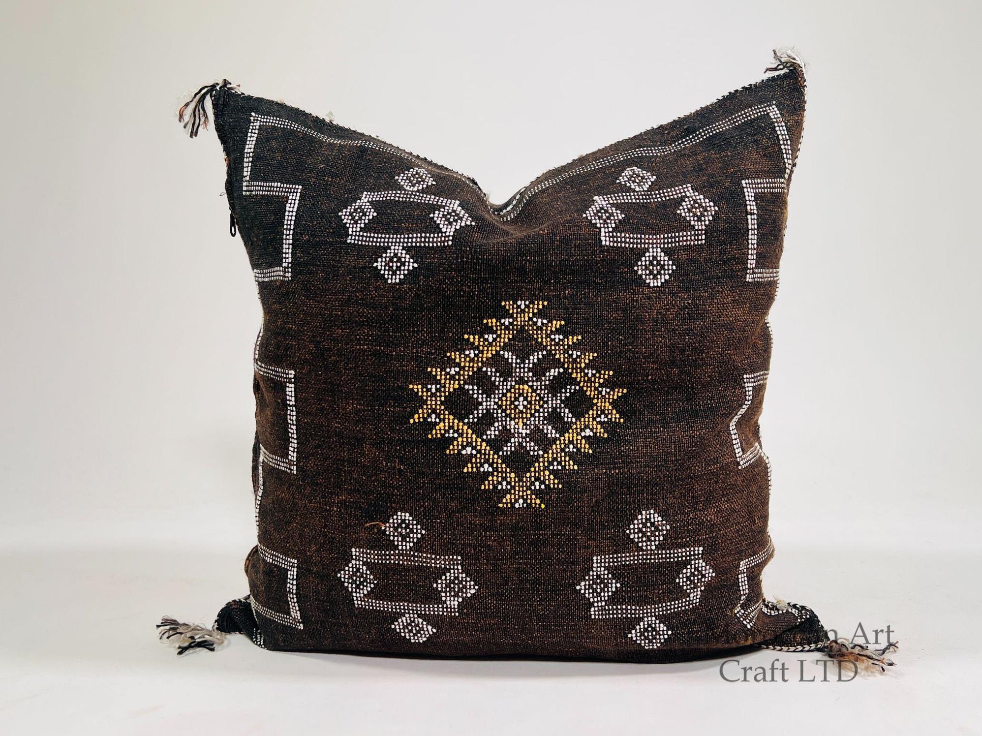 Dark Brown Sabra Pillow Cover, Moroccan Cushion, Kilim Pillow, Handmade Boho Cushion, Cactus Silk Throw P - product image 1