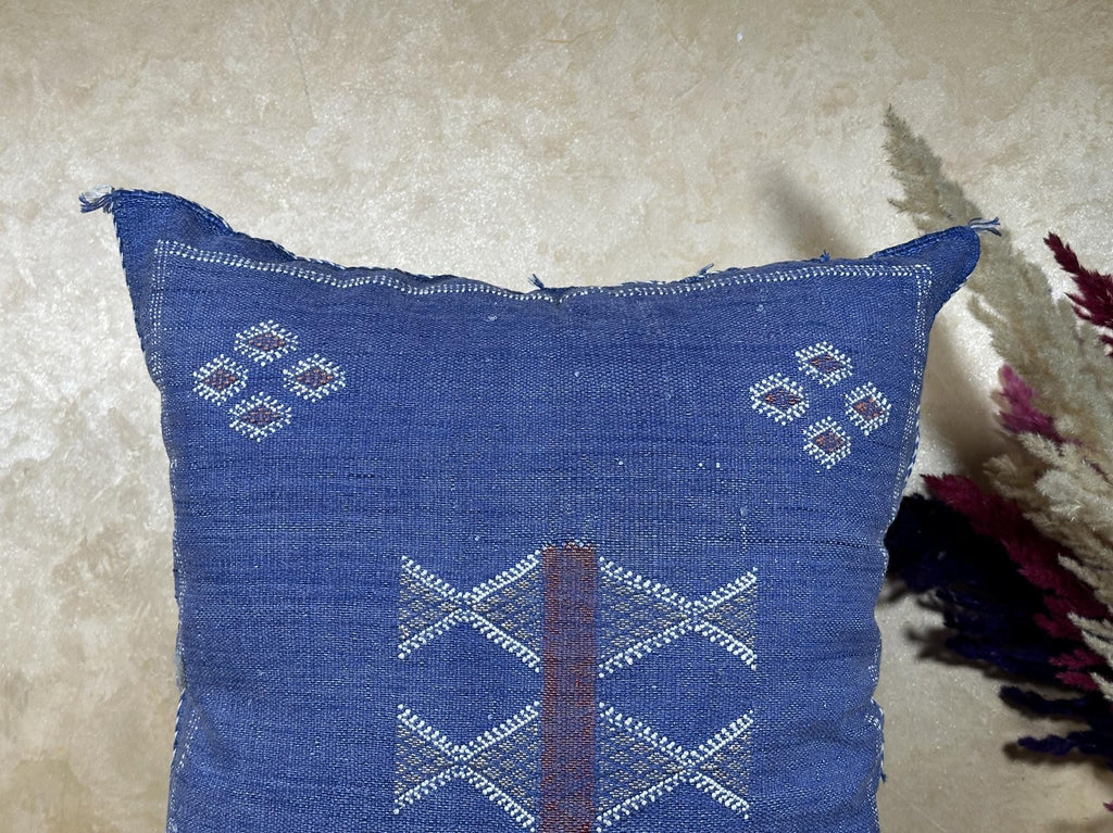 Navy Blue Moroccan Sabra Silk Pillow Cover, Handmade Kilim Style Boho Pillowcase, Woven Cushion Sham, Lux - product image 3