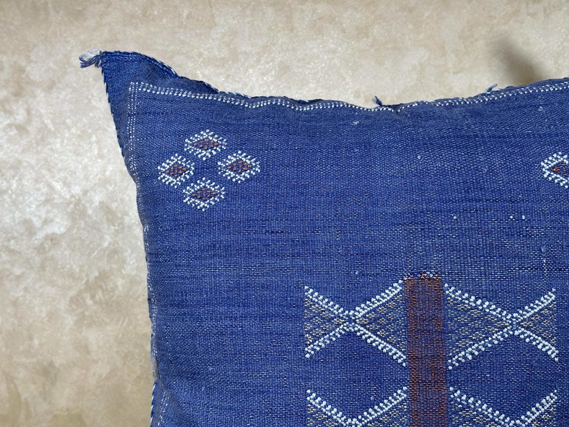 Navy Blue Moroccan Sabra Silk Pillow Cover, Handmade Kilim Style Boho Pillowcase, Woven Cushion Sham, Lux - product image 5