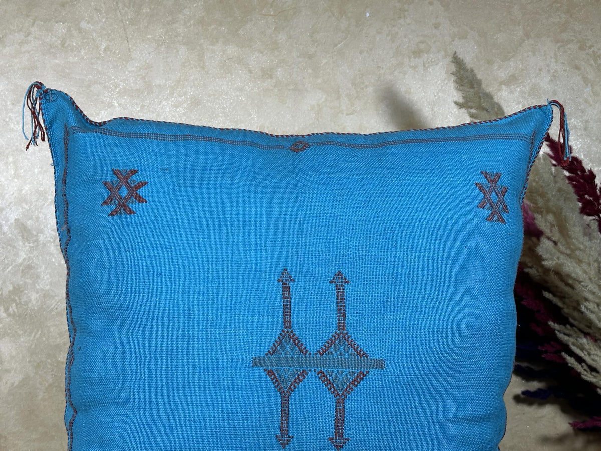 Blue Cactus Silk Pillow Cover, Moroccan Cushion, Handmade Boho Pillowcase, Embroidered Sabra Silk Pillow - product image 3