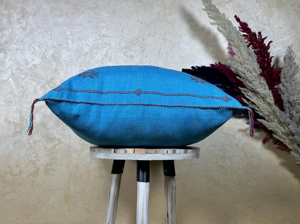 Blue Cactus Silk Pillow Cover, Moroccan Cushion, Handmade Boho Pillowcase, Embroidered Sabra Silk Pillow - product image 9
