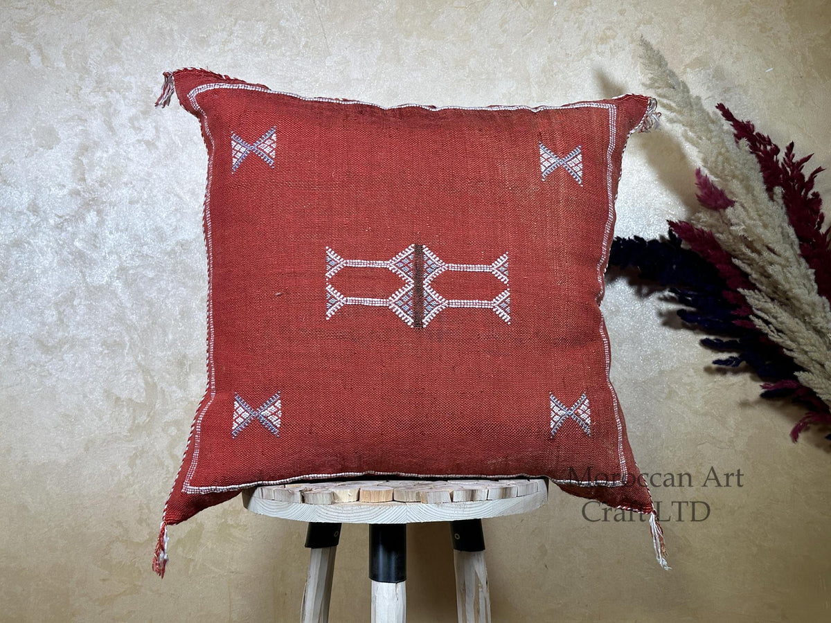 Rust Moroccan Sabra Cactus Silk Pillow Cover, Terracotta Boho Cushion, Handmade Kilim Style Pillowcase fo - product image 1