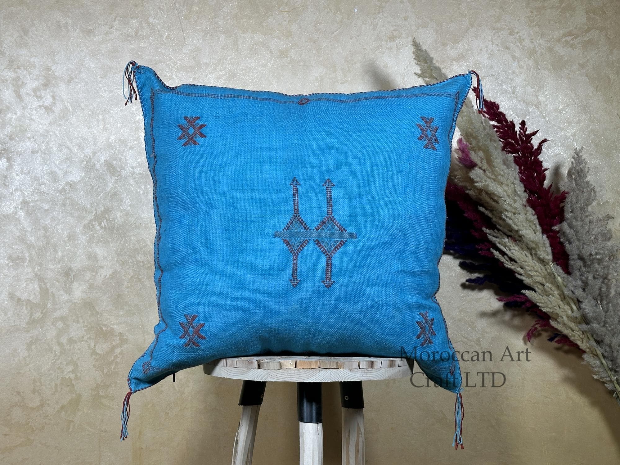 Blue Cactus Silk Pillow Cover, Moroccan Cushion, Handmade Boho Pillowcase, Embroidered Sabra Silk Pillow - product image 1