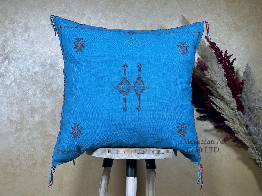 Blue Moroccan Pillow Cover, Handmade Boho Cushion, Kilim Inspired Pillowcase With Geometric Embroidery & - product image 1