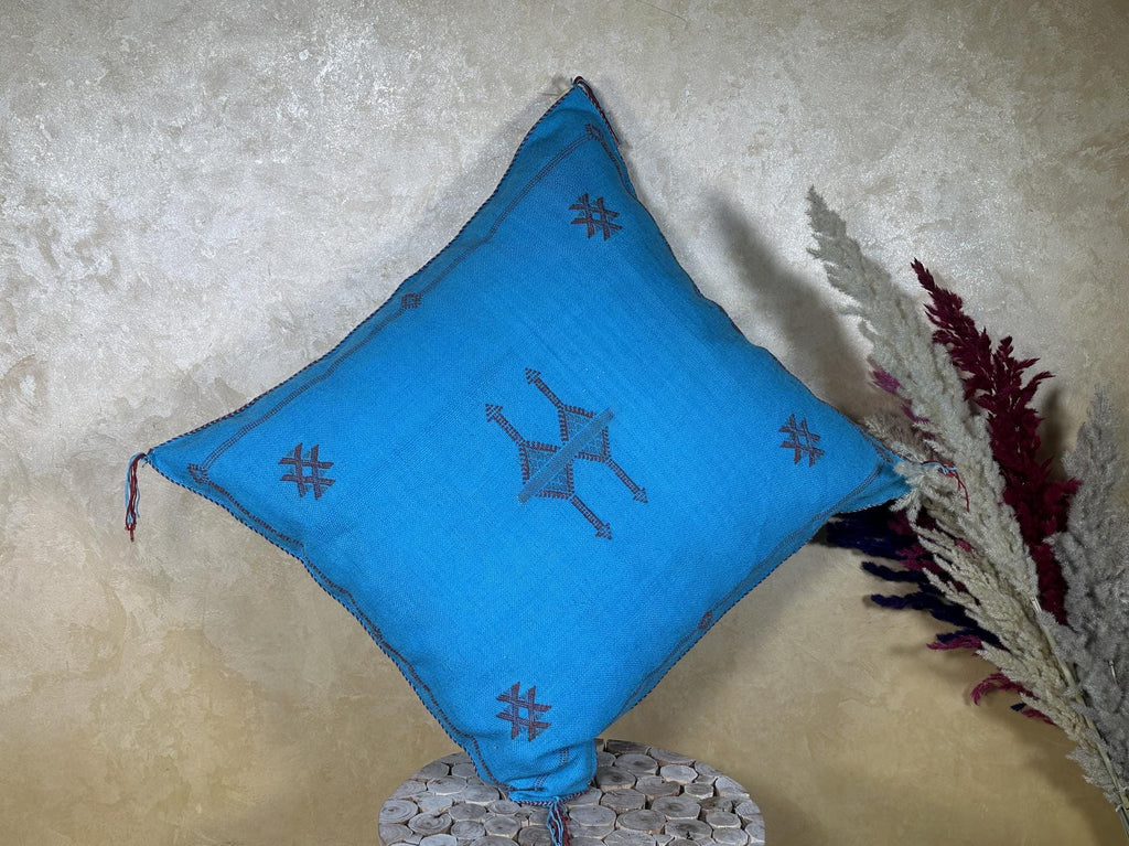 Blue Moroccan Pillow Cover, Handmade Boho Cushion, Kilim Inspired Pillowcase With Geometric Embroidery & - product image 7