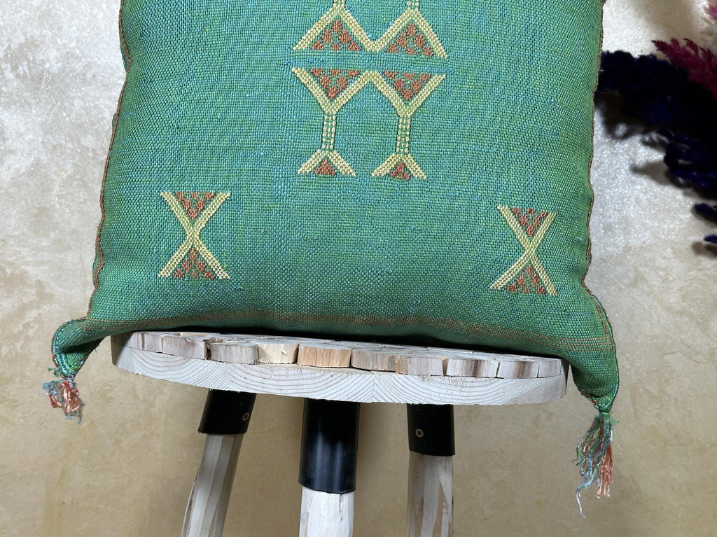 Teal Cactus Silk Pillow Cover, Moroccan Kilim Boho Cushion, Handmade Sabra Textured Pillow, Gift For Sofa - product image 2