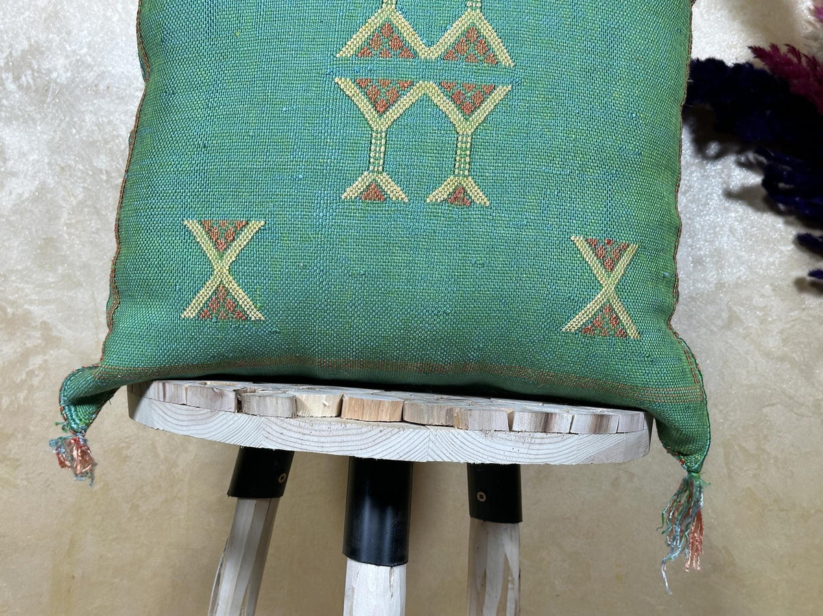 Teal Cactus Silk Pillow Cover, Moroccan Kilim Boho Cushion, Handmade Sabra Textured Pillow, Gift For Sofa - product image 2