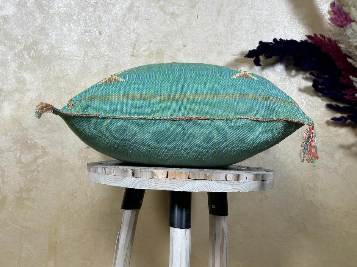 Teal Cactus Silk Pillow Cover, Moroccan Kilim Boho Cushion, Handmade Sabra Textured Pillow, Gift For Sofa - product image 8