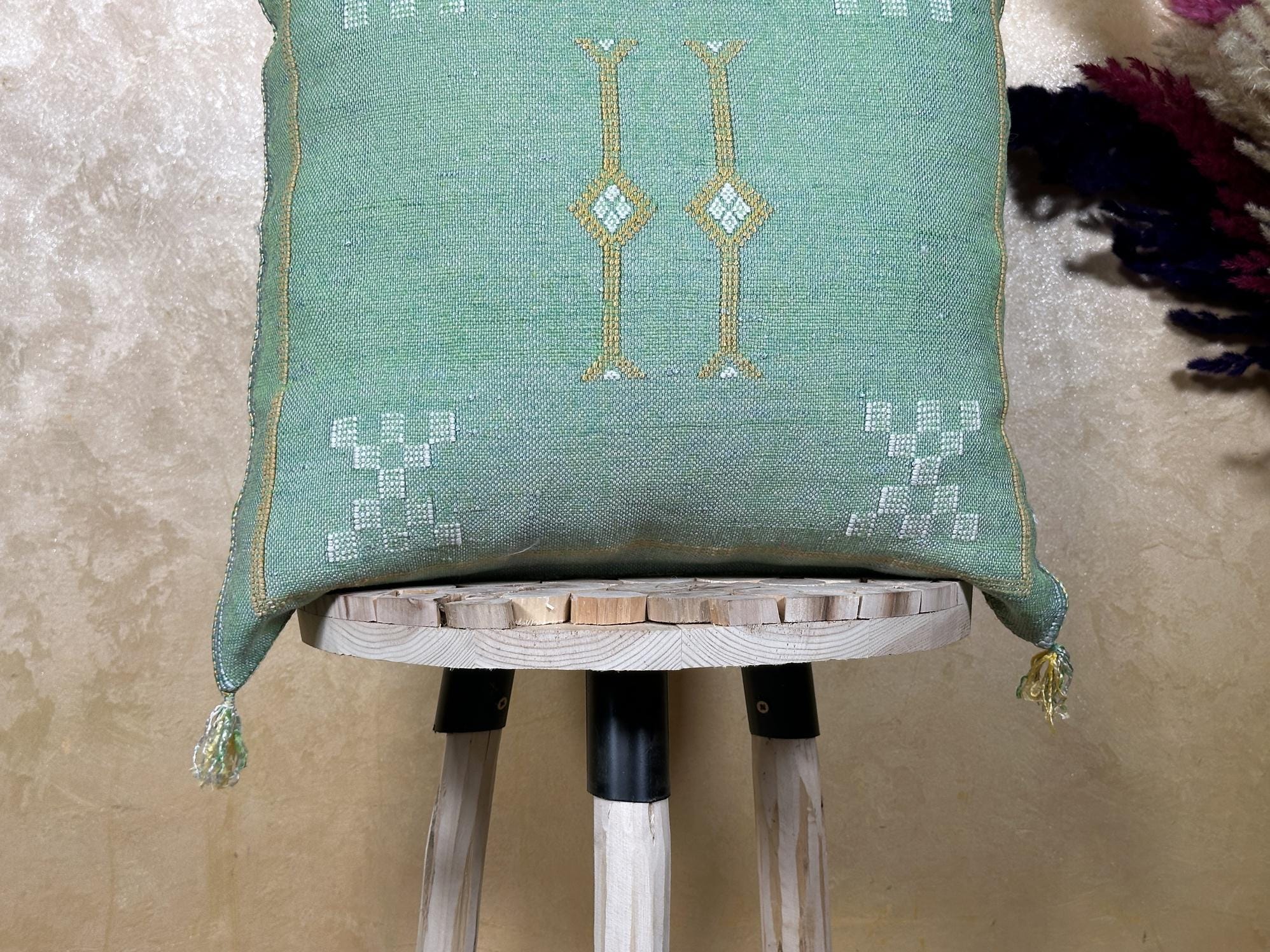Turquoise Cactus Silk Pillow Cover, Handmade Moroccan Kilim Cushion with Tassels, Boho Embroidered Square - product image 3