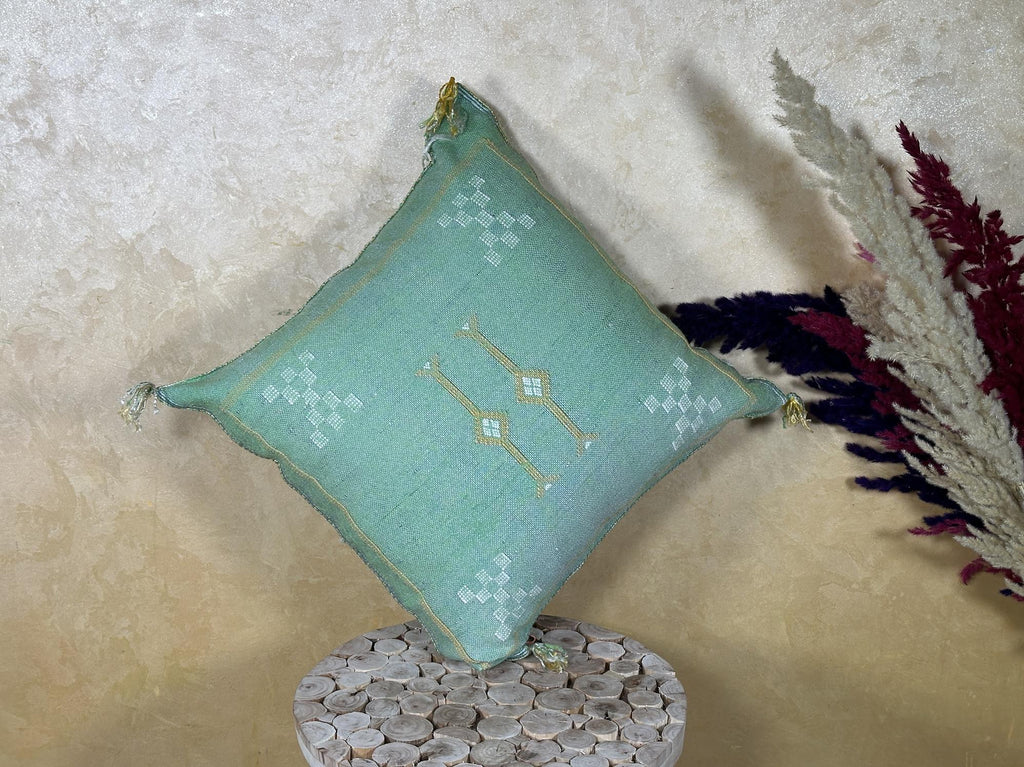 Turquoise Cactus Silk Pillow Cover, Handmade Moroccan Kilim Cushion with Tassels, Boho Embroidered Square - product image 4