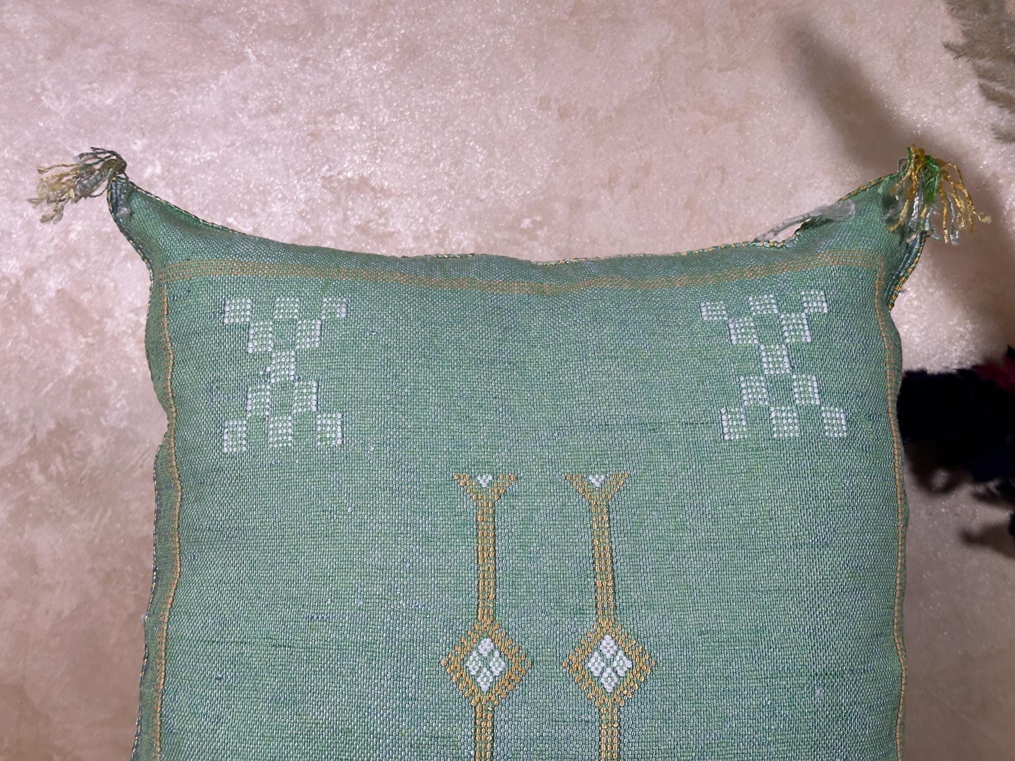 Turquoise Cactus Silk Pillow Cover, Handmade Moroccan Kilim Cushion with Tassels, Boho Embroidered Square - product image 2