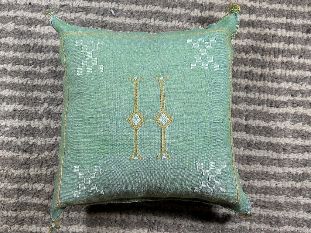Turquoise Cactus Silk Pillow Cover, Handmade Moroccan Kilim Cushion with Tassels, Boho Embroidered Square - product image 9
