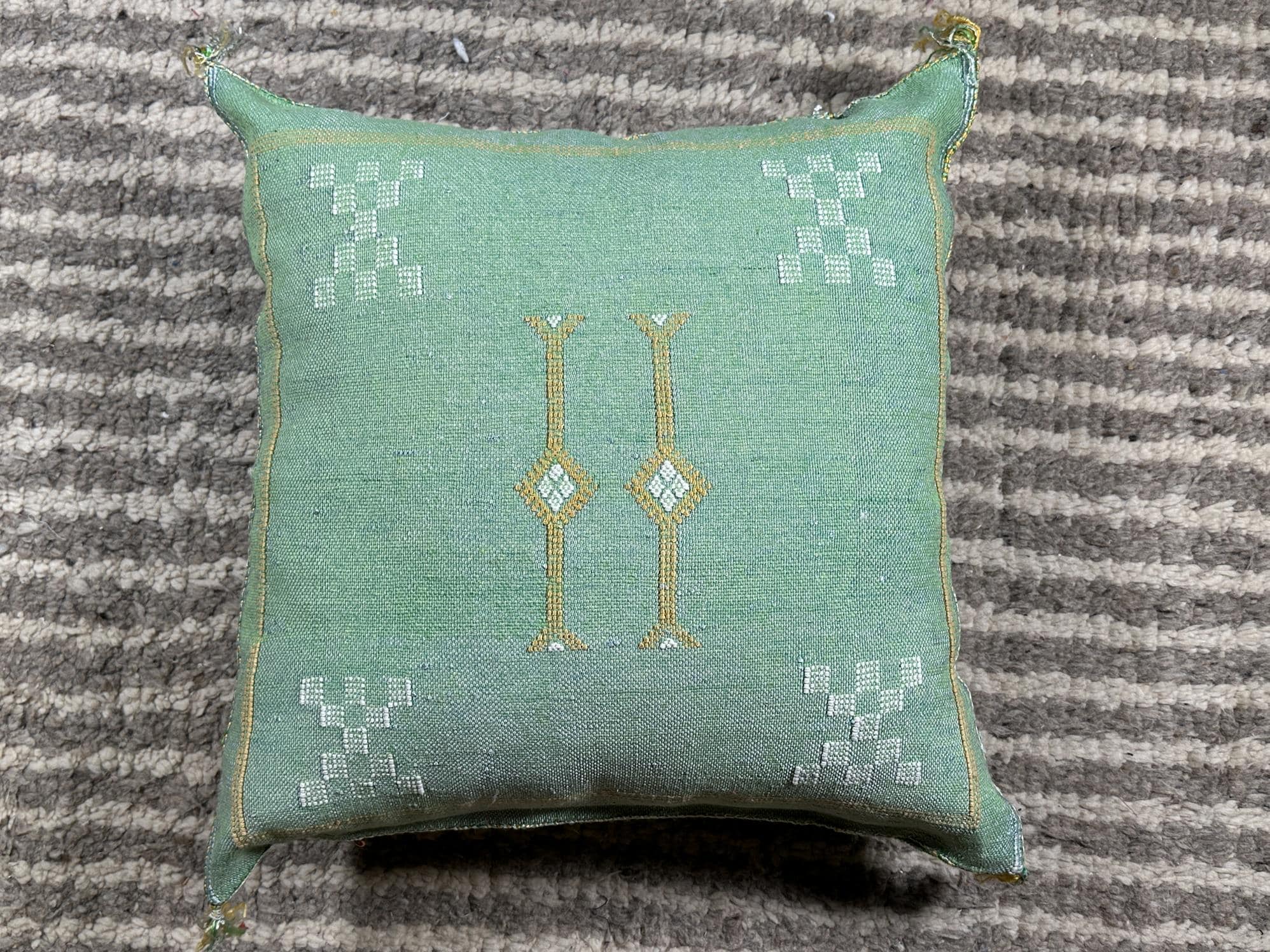 Turquoise Cactus Silk Pillow Cover, Handmade Moroccan Kilim Cushion with Tassels, Boho Embroidered Square - product image 9
