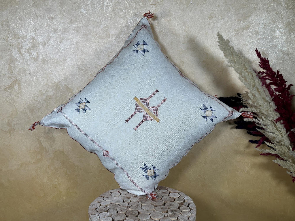Soft Blue Moroccan Cactus Silk Pillow Cover, Handmade Boho Geometric Cushion, Woven Sabra Pillow Case, Lu - product image 4