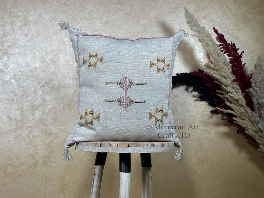 Silver Cactus Silk Pillow Cover, Moroccan Kilim Pillowcase, Gold Embroidered Boho Cushion Cover, Handmade - product image 1