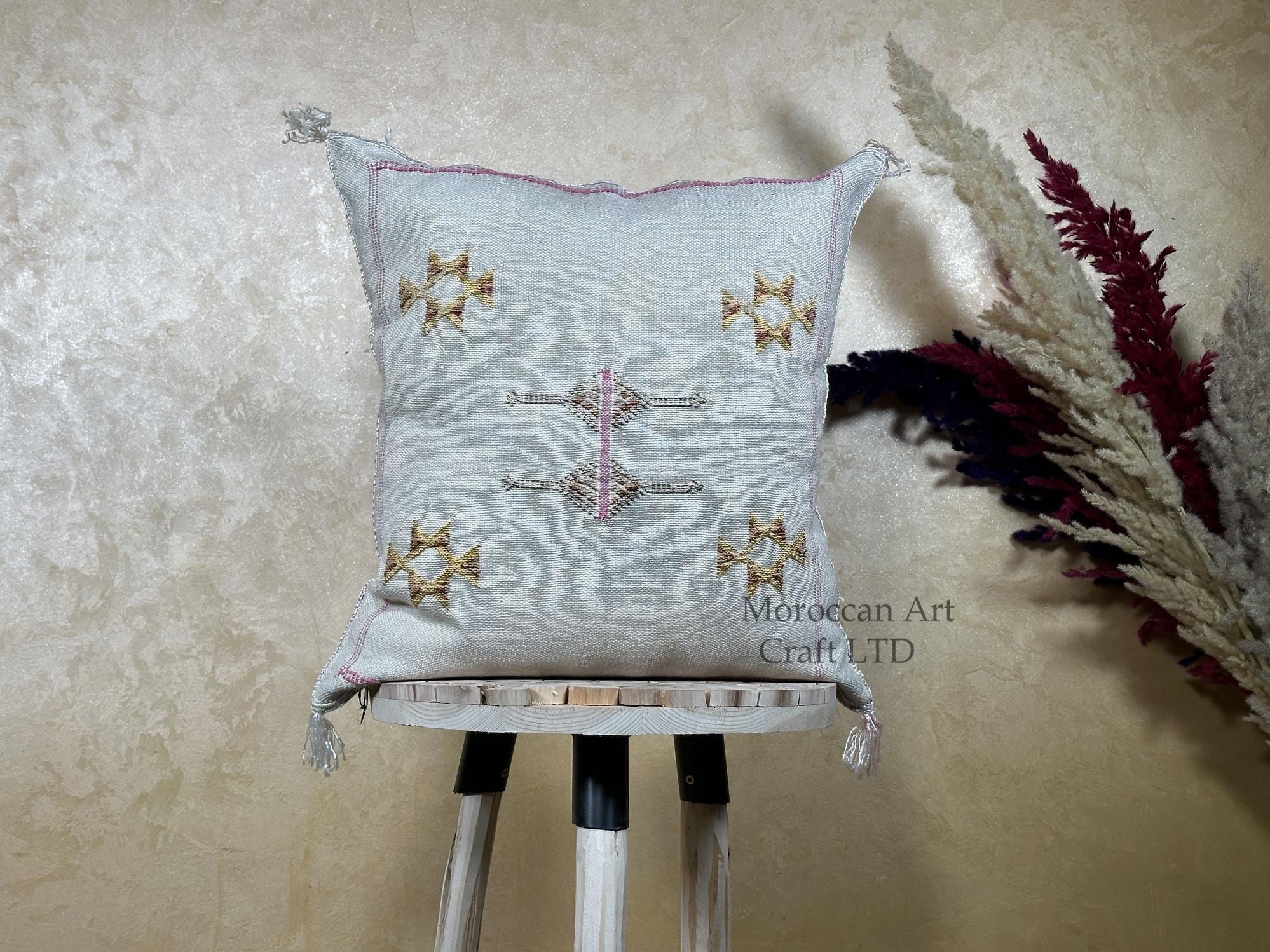 Silver Cactus Silk Pillow Cover, Moroccan Kilim Pillowcase, Gold Embroidered Boho Cushion Cover, Handmade - product image 1