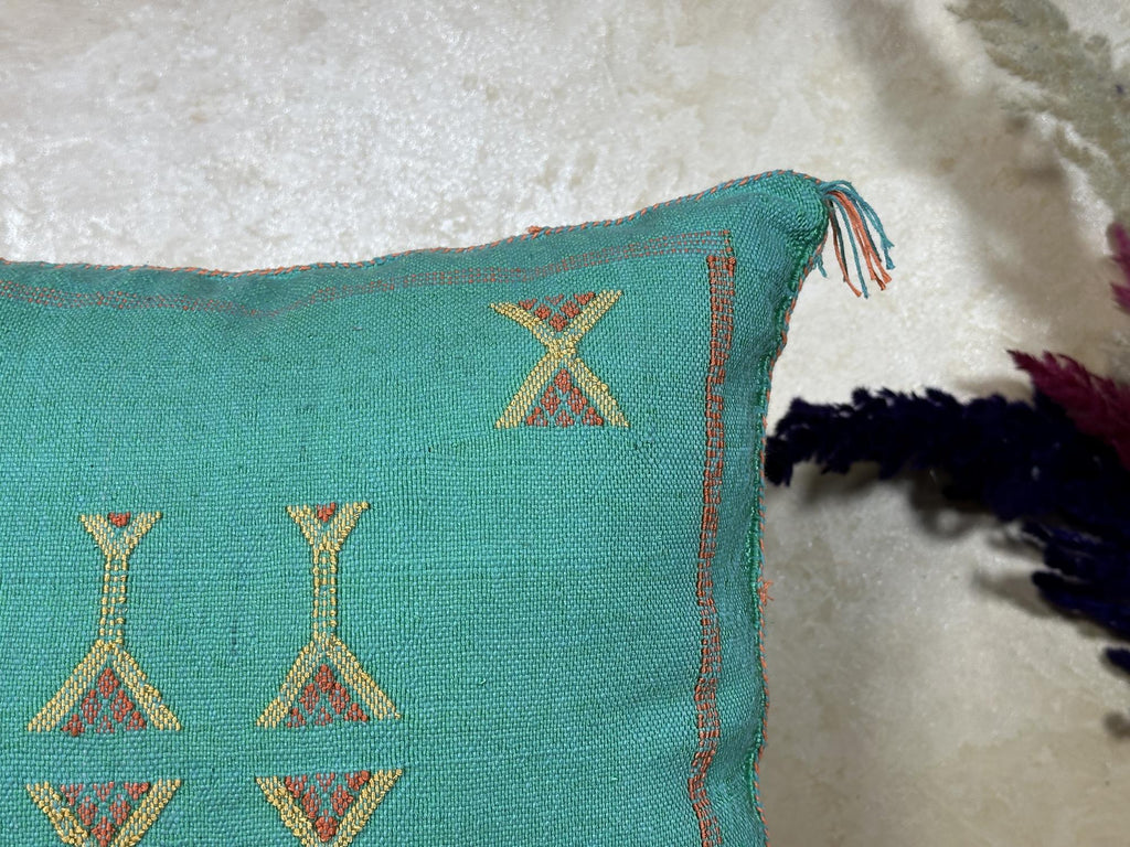 Teal Moroccan Sabra Pillow Cover, Handmade Boho Cushion, Embroidered Silk Pillowcase, Turquoise Boho Pill - product image 4
