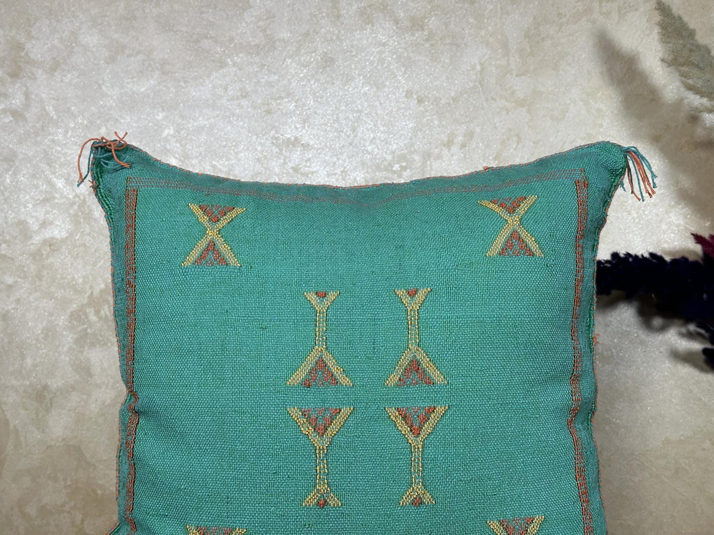 Teal Moroccan Sabra Pillow Cover, Handmade Boho Cushion, Embroidered Silk Pillowcase, Turquoise Boho Pill - product image 3