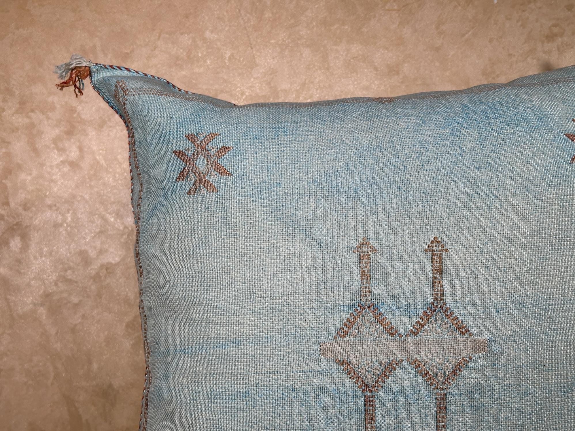 Light Blue Cactus Silk Pillow Cover, Moroccan Boho Woven Cushion, Handmade Sabra Throw Pillow for Sofa Be - product image 5