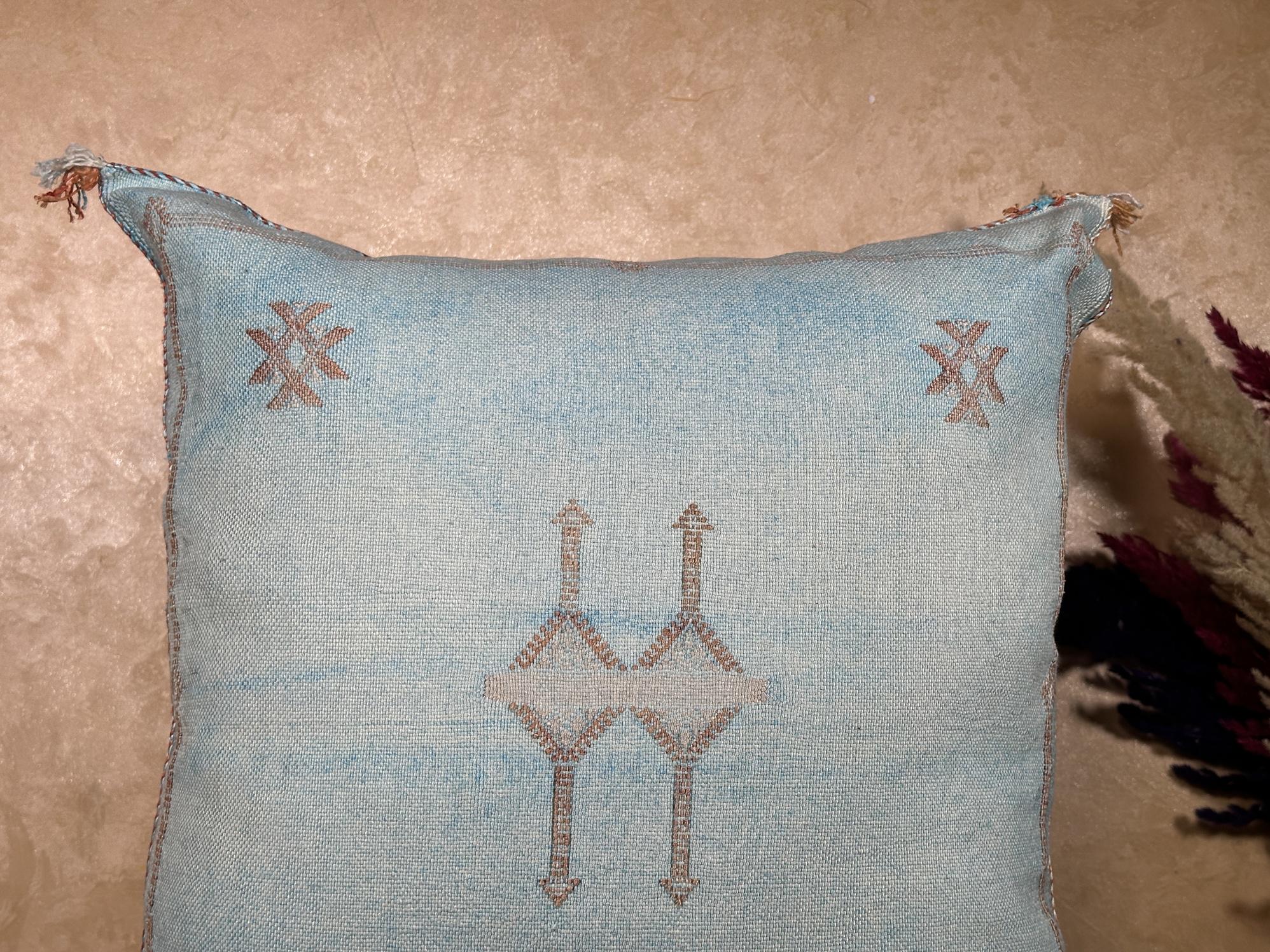 Light Blue Cactus Silk Pillow Cover, Moroccan Boho Woven Cushion, Handmade Sabra Throw Pillow for Sofa Be - product image 3
