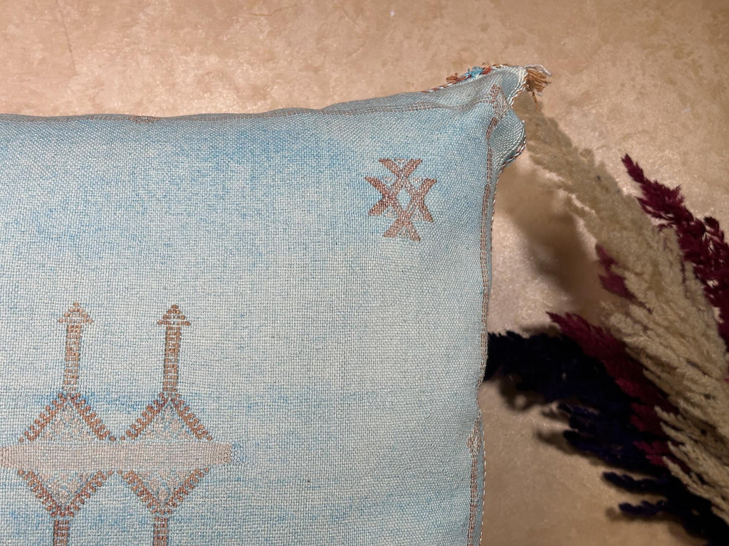 Light Blue Cactus Silk Pillow Cover, Moroccan Boho Woven Cushion, Handmade Sabra Throw Pillow for Sofa Be - product image 4