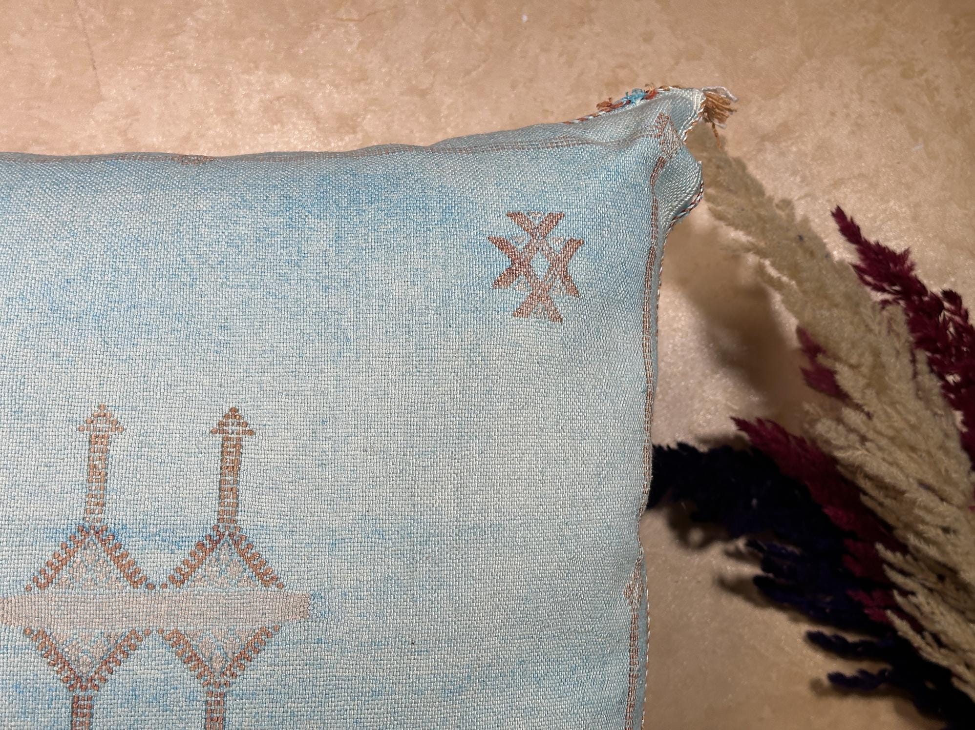 Light Blue Cactus Silk Pillow Cover, Moroccan Boho Woven Cushion, Handmade Sabra Throw Pillow for Sofa Be - product image 4