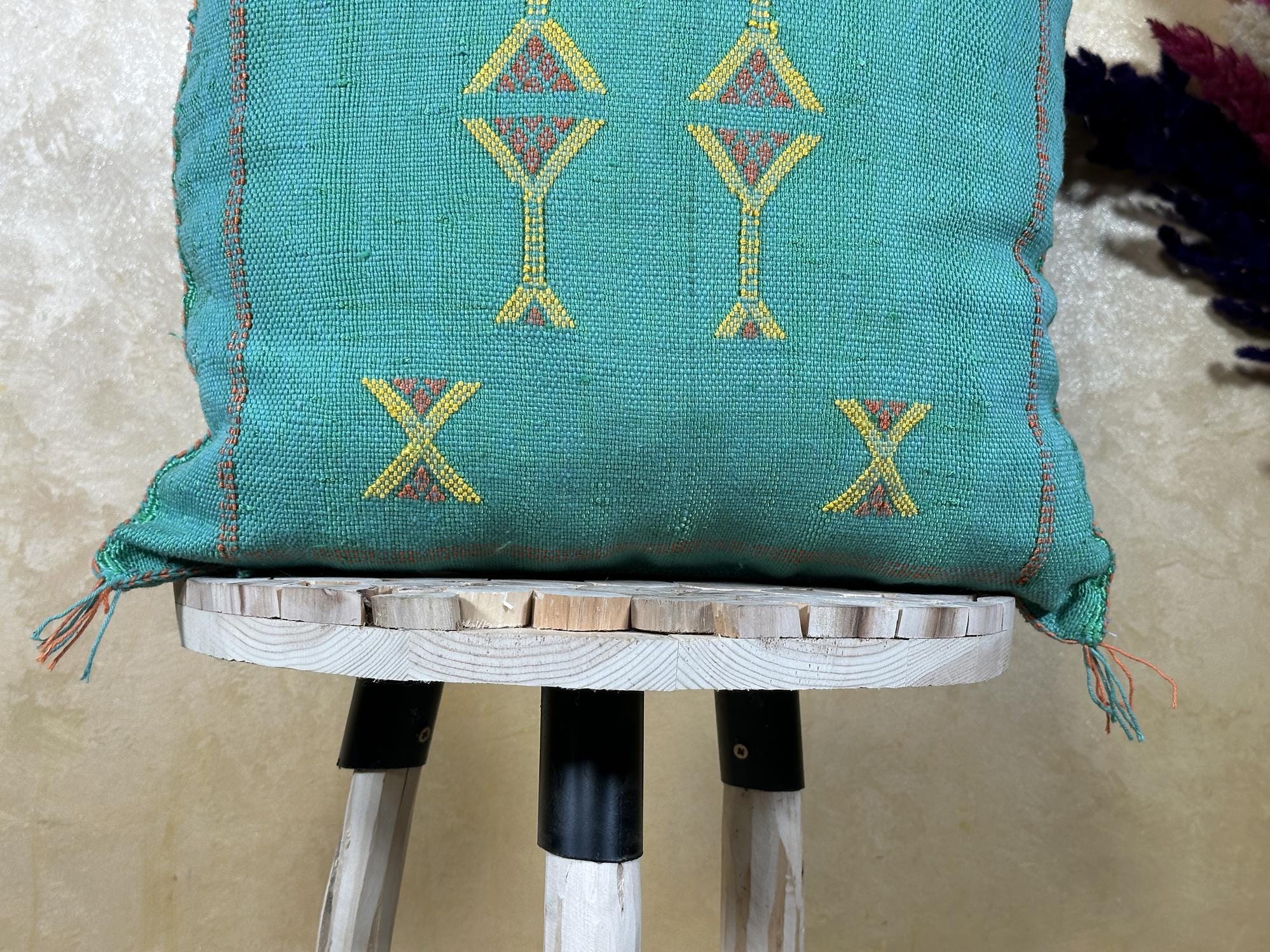 Turquoise Cactus Silk Cushion Cover, Moroccan Kilim Pillow Cover, Handmade Boho Berber Style Cushion, Lux - product image 3