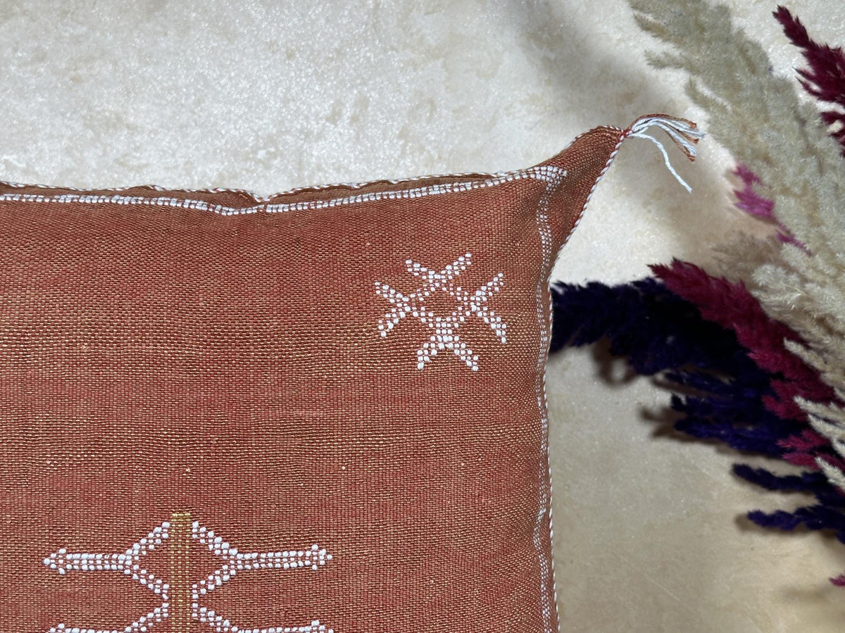 Terracotta Moroccan Cactus Silk Pillow Cover, Boho Embroidered Cushion, Handmade Woven Pillow Case for So - product image 4