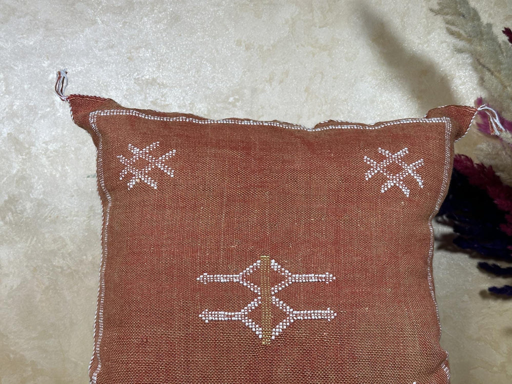 Terracotta Moroccan Pillow Cover, Handmade Boho Cushion with Ivory Geometric Embroidery, Woven Sabra Styl - product image 3